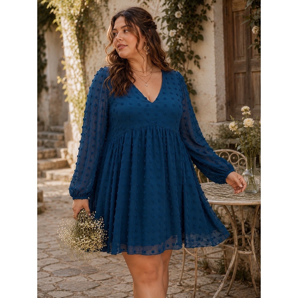 Hbeyyto Teal Blue Swiss Dot Babydoll Mini Dress Long Sleeve NWT 2XL Cottagecore